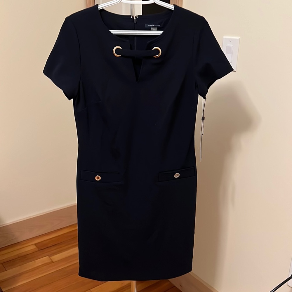 Tommy Hilfiger Navy Blue keyhole fit & flare dress with Gold detailing; size 6